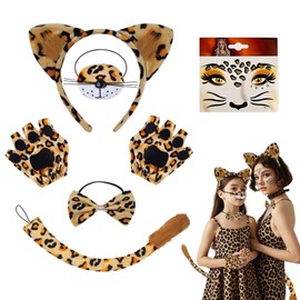 SAIIURV 6 Pieces Leopard Costume Set with Cheetah Ears Headband Bow Tie Tail Gold Print Leopard Temporary Tattoo Masquerade Decoration Accessories Jungle Party Christmas Carnival Cosplay (6 pcs)