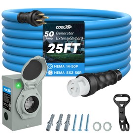 COOLTOP 50 Amp Generator Cord and Power Inlet Box Kit, 25FT Extension Cable STW 6/3+8/1 AWG Generator Cord 125/250V NEMA 14-50P to SS2-50R Pre-Drilled Inlet Box Waterproof Combo Kit, ETL Listed
