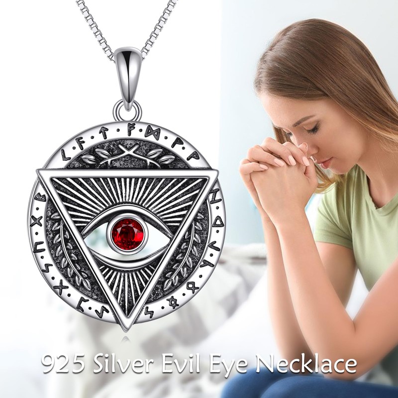 YAFEINI Vintage Evil Eye Necklace Sterling Silver Ruby Triangle Pendant