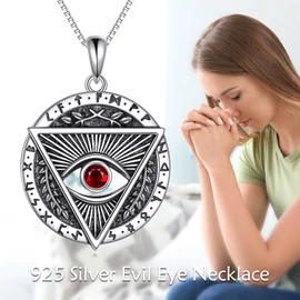 YAFEINI Vintage Evil Eye Necklace Sterling Silver Ruby Triangle Pendant Necklace Jewellery Gifts for Men Women, Sterling Silver