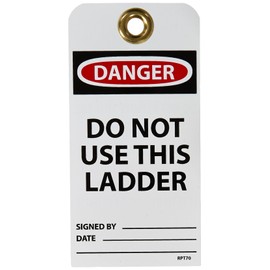 NMC RPT70G "Danger - DO NOT USE This Ladder" Accident Prevention Tag with Brass Grommet, Unrippable Vinyl, 3" Length, 6" Height, Black/Red on White (Pack of 25)