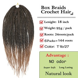 Crochet Box Braids 6 Packs 18 Inch 144 Strands Crochet Hair Pre looped Synthetic Jumpo Braiding Hair Crochet Hair for Black Women (T1b/27)