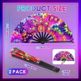 Boao 2 Pcs Large Rave Folding Hand Fans for Men Women Festival Fan Chinese Foldable UV Glow Fan with Bags for Line Dancing, Kungfu, Music Festival Party, Disco, Performance(Fantasy Flowers)