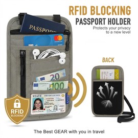 RFID Blocking Neck Wallet With NFC 215 Keyfob, Hidden Travel Passport Holder for Men & Women, Anti Theft Neck Wallet Organizer for Passport, Credit Cards, Cash & Phone, Travel Security Bag (Lightgrey)