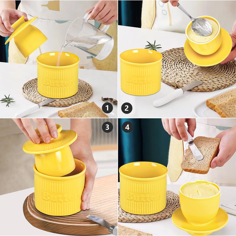 Yellow French Butter Holder with Water Line for Table and