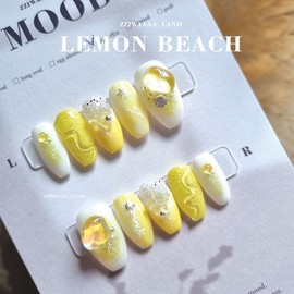 Lemon Beach.Lump Wave Sea Beach Unique Emotional Nail - Almond / 레몬비치. 덩어리 물결 바다 해변 유니크 감성 네일 - 아몬드