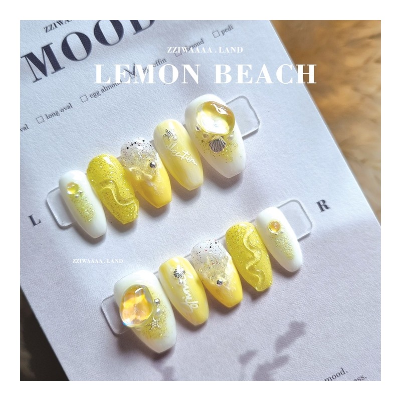 Lemon Beach.Lump Wave Sea Beach Unique Emotional Nail - Almond