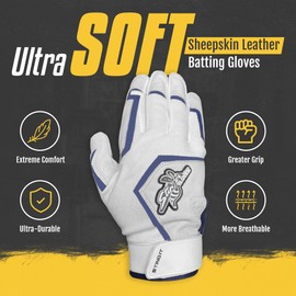 Stinger Sports Sting Squad Batting Gloves for Baseball & Softball (Adult XXL, White/Navy Blue)