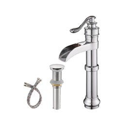 Chrome Vessel Sink Faucet Single Handle Waterfall Bathroom Faucet with Pop Up Drain Assembly and Supply Hose Lead-Free Lavatory Mixer Tap Deck Mounted Solid Brass