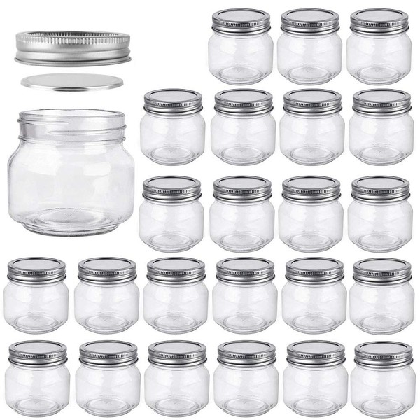 Betrome 8 OZ Mason Jar 24 Pack with Silver Regular Lid for Jam, Jelly, Honey, Beans, Spice, Wedding Favors, Shower Favors, Party Favors