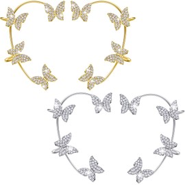 4 Pendientes de Oreja de Mariposa Brazalete de Oreja con Diamantes de Imitación Brillantes Aretes Cruzados de Oro y Plata Clip de Oreja sin Perforación Pendientes Falsos Envolventes