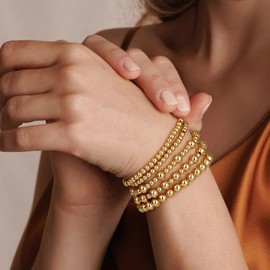 Gold Bracelets for Women, 14K Gold Plated Beaded Bracelets Stretch Stackable Bead Ball Bracelet Set Elastic Stack Jewelry Bracelets for Women Girls