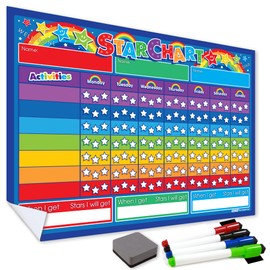 WallTAC Star Chart Wall Sticker for Recognising and Inspiring Good Behaviour in Toddlers, Kids, Boys, Girls | with 4 Magnetic Coloured Dry Wipe Pens and Eraser! (Rainbow, A3 Star Chart)