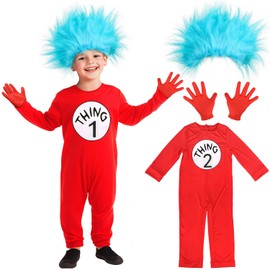 iZoeL Thing 1 and Thing 2 Costume Boys Girls Jumpsuit Thing 1 Thing 2 Wig World Book Day Costumes Kids 2025 Book Wbd Fancy Dress Ideas for Child Thing One Thing Two Costume Kids Dress-Up