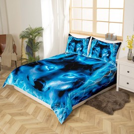 Wolf Bedding Single Kids Teenagers Safari Animal Pattern Duvet Cover Set Cool Wildlife Wildlife Beds Set Glitter Blue Wild Wolf Lightweight Bedclothes Boys Girls Teens Soft Microfiber
