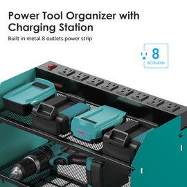 CCCEI Set Power Tool Organizer Wall Mount with Charging Station. Garage 4 Drill Storage Shelf with Hooks, Heavy Duty Metal Tool Battery Charger Organizer. Shop Utility Rack with Power Strip Navy Blue.