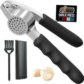 GORILLA GRIP Garlic Press and Peel Set, Heavy Duty Mincer Tool, Easily Mince and Crush Garlics, Ginger, Nuts, Seeds, Large Ergonomic Handle, Peeler Included for Peeling Cloves, Kitchen Gadgets, Black
