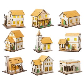 3D Wooden Puzzles 9PCS Set Little House Model Kits Log Cabin Building Model 3D Hut Jigsaw for Men Women Adults Tabletop Decoration