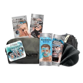 7th Heaven Men's Skin Fix Kit Gift Set with 3 Face Masks and 1 Set of Nose Pore Strips - Includes Black Wash Bag, Exfoliating Body Puff and Black Face Cloth
