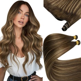 Sunny Hair 24inch Genius Weft Hair Extensions Human Hair Balayage Sew in Hair Extensions Natural Human Hair Medium Brown Mixed Caramel Blonde Weft Human Hair Extensions Breathable