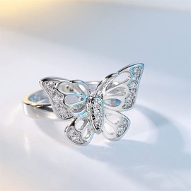GYOEI 925 Sterling Silver Women's Butterfly Ring AAA Zirconia Gemstones Diamond Princess Ring Hollow Butterlfy Propose Engagement Wedding Band Ring Cocktail Christmas Party Insect Ring HM246 (6)