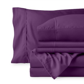 Bare Home Hotel Luxury Split King Sheet Set, Extra Soft - 7 Piece Set - Deep Pockets - Easy Fit - Cooling & Breathable - Wrinkle, Fade, Stain Resistant - Set Includes 4 Pillowcases (Split King, Plum)