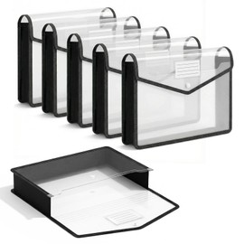 Binditek 5 Pack Plastic Expanding Folders, Expandable Document Folder with Snap Button Closure, Large Capacity with Label Pocket, Fit Letter & A4 Size, Black Edge