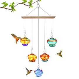 Hummingbird Feeder for Outdoors Hanging, Hand Blown Glass, with 2 Feeding Ports Up & Down- Wind Chimes Shaped Hummingbird Feeders for Viewing, Ant and Bee Proof, Window Bird feeders for Garden Decor