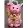 Maneki Neko Figurine, Kutani Ware, Right Maneki Neko, Pink Shori