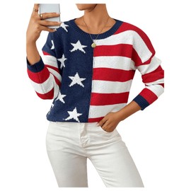 SweatyRocks Women's American Flag Sweater USA Star Striped Knit Sweater Crew Neck Pullover Long Sleeve Top M Multicolored