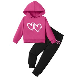 Cute Girls Heart Print Sweatsuit - Casual Kids Clothes Long Hooded Sweatshirt Pants Fall Winter Outfits(RoseRed,120,1272b)