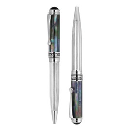 Xezo Maestro Twist Action Ballpoint Pen, Medium Point. Oceanic White Mother of Pearl with 925 Sterling Silver and 18 Karat Gold Plating. Handcrafted, Limited Edition, Serialized