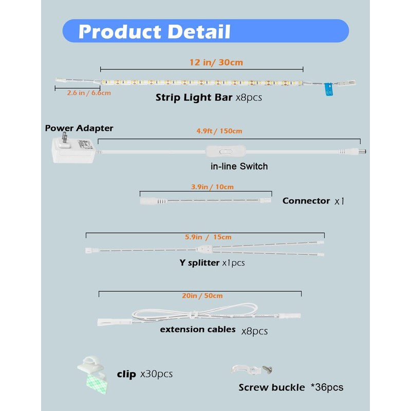 Cefrank LED Under Shelf Lighting Kit, (8) Linkable 12-Inch Light