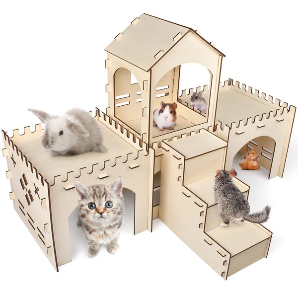 Bissap Wooden Rabbit Hideout Castle, Extra Large Bunny Houses and Hideouts Indoor Outdoor Rabbit Hidey Habitat for Bunnies Chinchillas Hamsters Guinea Pigs Detachable Small Animal Play Hideaway Hut