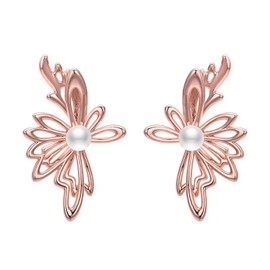 Airokiy Pearl Earrings Gold Stud Rose Gold Ear Cuff Earrings Wings Perforated Women's Earrings, Rose Gold, Pearl