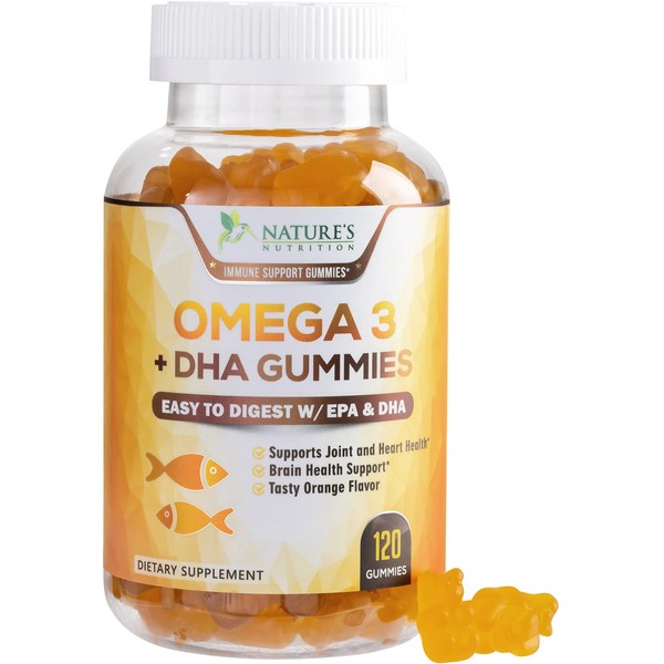 Omega 3 Fish Oil Gummies, Heart Healthy Omega 3 Supplement with High Absorption DHA & EPA, Extra Strength Joint & Brain Support, Omega 3 Fish Oil Nature's Gummy Vitamin, Orange Flavor - 120 Gummies