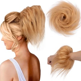 TESSHAIR Thick Messy Bun Hair Piece, Tousled Wavy Human Hair Scrunchies, Short Ponytail Extension, 29g, #Dark Blonde