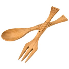 AeraVida Stylish and Chic Cutlery Carved Fish Teak Wood Spoon and Fork Set | Wooden Cutlery Spoons and Forks | Teak Wood Spoon and Fork | Fork and Spoon Set for Lunch Box