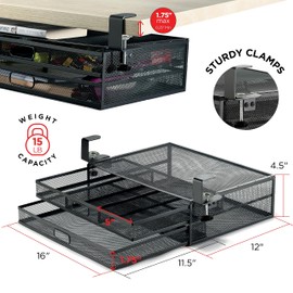 Homeify Under Desk Drawer Organizer Clamp-On, Mesh Metal Drawer Attachment, 2 Drawer Slide Out, On Or Under Desk Organizer For Office Supplies & Home Essentials (2 Drawers)