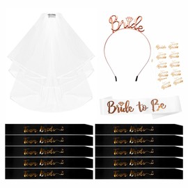 Hen Party Accessories Set of 15, Bride to Be Sash and Veil Tiara Team Bride Sash Tattoos - Wedding Hen Do Bride Sash and Tiara Veil Accessories for Bridal Shower Hen Party Decorations White Black