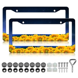 HCSS 2PCS Sunflower License Plate Frames, Yellow Floral Starry Sky Aluminum Metal License Plate Holder Covers, Rust-Proof Waterproof Car Decorative Tag Frames for Standard US 12x6 Inch