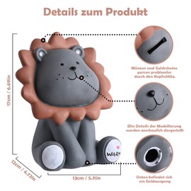 Fosoloni Children's Money Box, Shatterproof Resin Piggy Bank, Brown Lion Piggy Bank, Piggy Bank Ornament for Boys and Girls, Reusable Money Boxes (Grey)