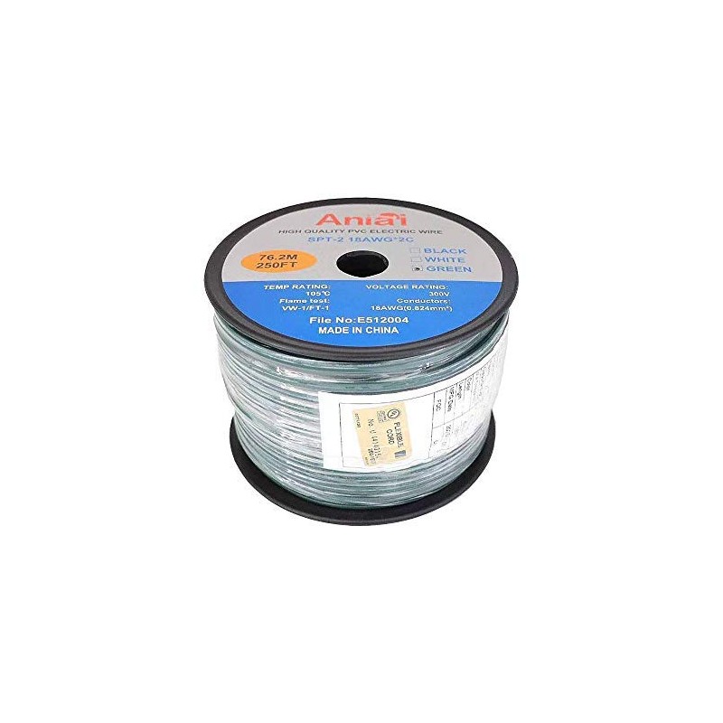 Aniai Spool 18/2 SPT-2 Bulk Lamp Cord, 300-Volt 18-Gauge. (250ft-SPT2-18AWG,