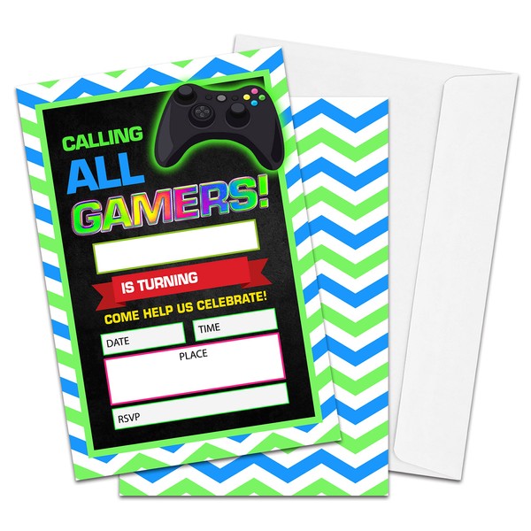Birthday Party Invitations for Boys or Girls, Video Game Birthday Parties Supplies Decorations, Gaming Party Theme Fun Fill-in Invites, 4" x 6" Double-sided Cards(20 Invitations and Envelopes)-B10