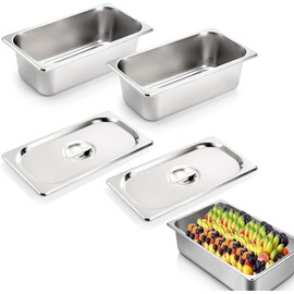 ORFCP Set of 2 Stainless Steel Gastro Containers with Lids, 1/3 Food Insulated Containers, Cakes, Hotel Pots, Salads, Table Food Pots Large, Stainless Steel Gastro Container for Saladette