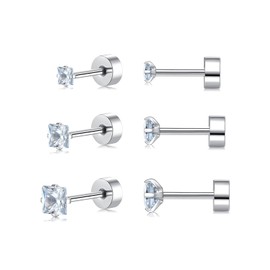 3 Pairs Silver Stud Earrings for Women Men Girls, Hypoallergenic Small Square Cubic Zirconia Titanium Surgical Steel Stud Earrings Set, Helix Tragus Cartilage Sleeper Screw Flat Back Earrings 3/4/5mm