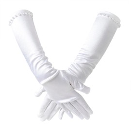 TINAYAUE Girls Satin Gloves Princess Long Gloves Wedding Dress Gloves Pearl Gloves Clothing Accessories for Wedding, Carnival, Masquerade, Theme Party, White