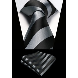 HISDERN Men's Tie Striped Wedding Tie & Pocket Square Set, grey/black