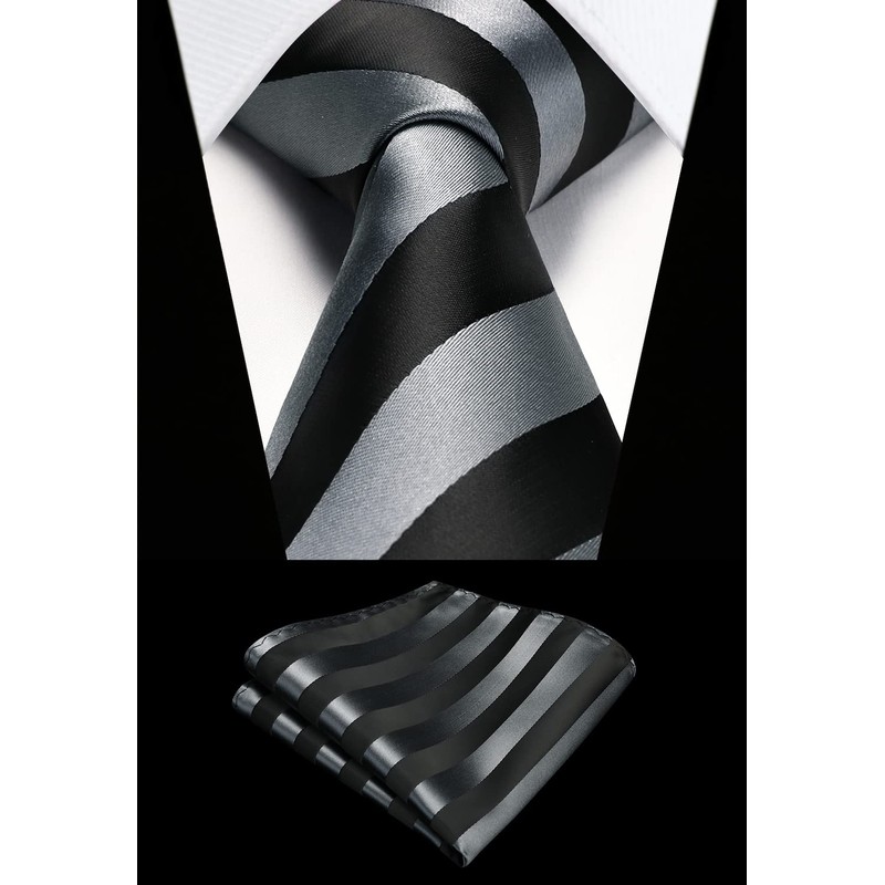 HISDERN Men's Tie Striped Wedding Tie & Pocket Square Set,