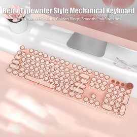 TISHLED Typewriter Style Mechanical Gaming Keyboard White LED Backlit 104-Key NKRO Pink Switches Retro Round Keycaps Golden Ring Volume Knob Metal Panel Wired USB-C Detachable Cable, Rose Gold